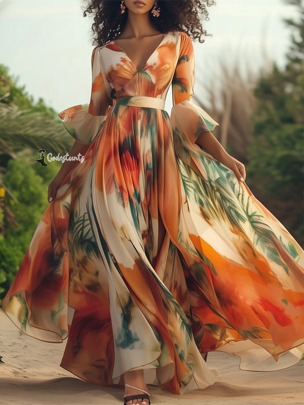Orange Holiday Floral Print V Neck Maxi Dress