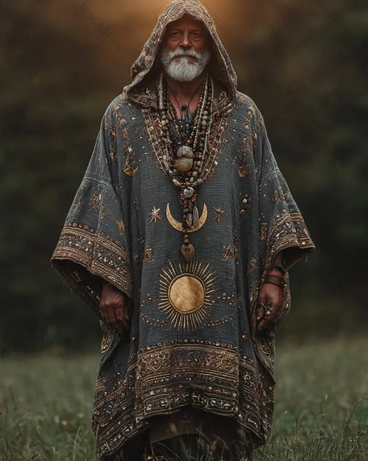 Men's Summer Star and Moon Embroidered Linen Hooded Kaftan 4873