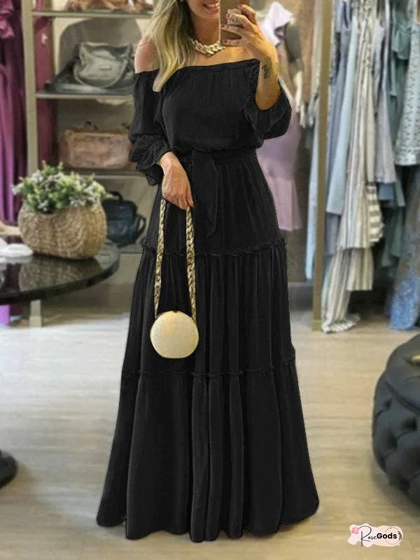 Wrap Falbala Solid Color Off-The-Shoulder Maxi Dresses