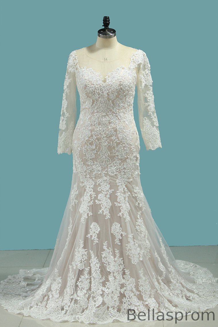 Bellasprom Modest Long Sleeves Bateau Long Mermaid Wedding Gown With Lace Appliques Bellasprom