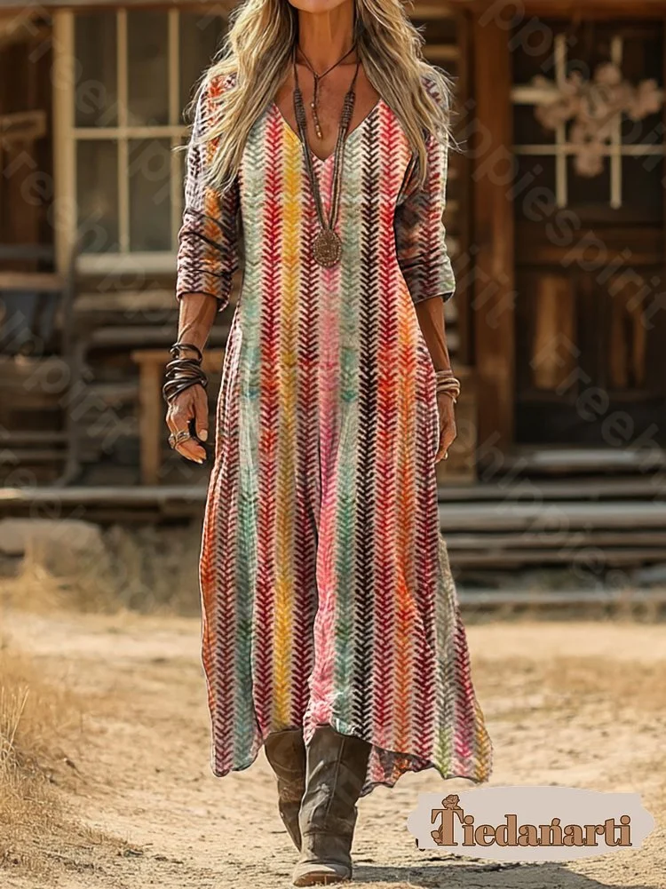 Women's Colorful Line Pattern Printed Casual V-Neck Long Sleeve Cotton Pocket Dress