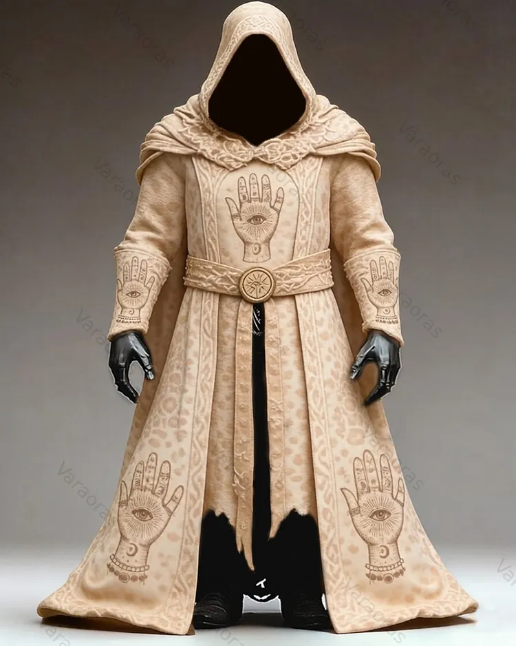 Men's Summer Fashion Hippie Style Star and Moon Print Linen Hooded Cape 6000