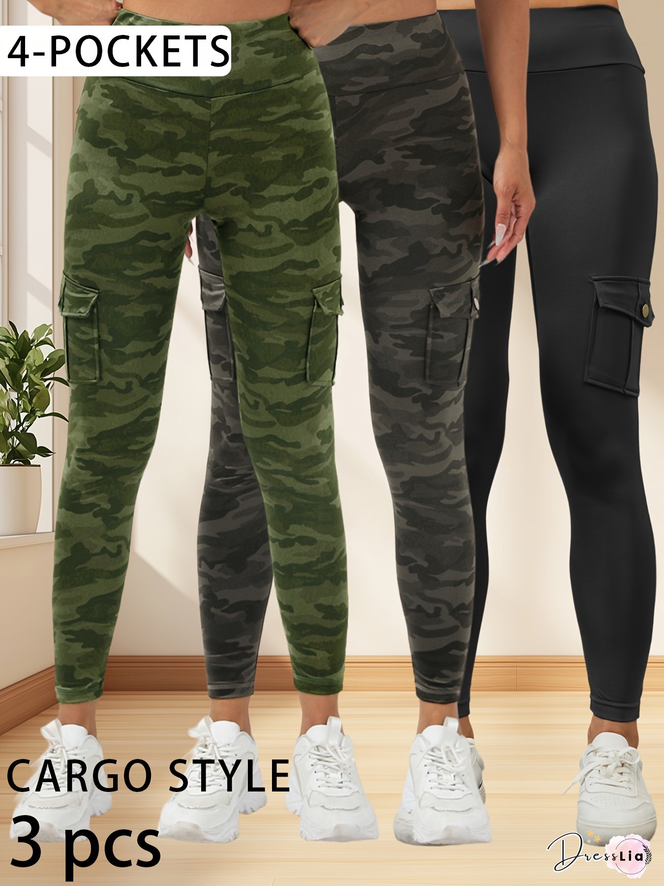 Womens High-Waisted Yoga Leggings with Pockets-Workwear Camouflage Pattern High-Stretch