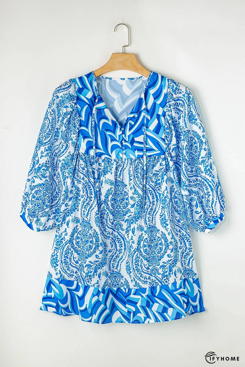Bohemian Print Puff Sleeve Tied Flared Mini Dress | IFYHOME