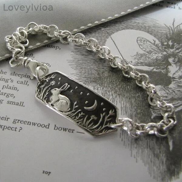 Sterling Silver"Listen to the Moon"Rabbit Stamp Bracelet