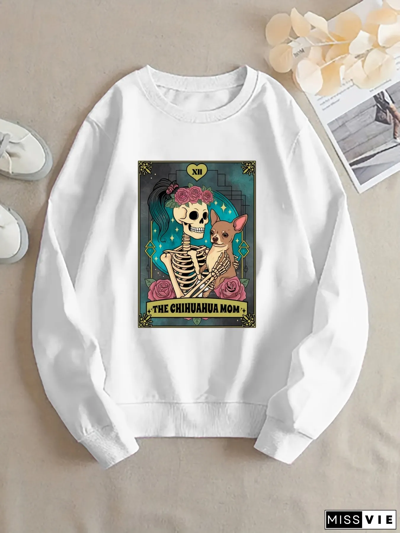 Womens Black Casual Crewneck Sweatshirt THE CHIHUAHUA MOM Skull Graphic with Floral