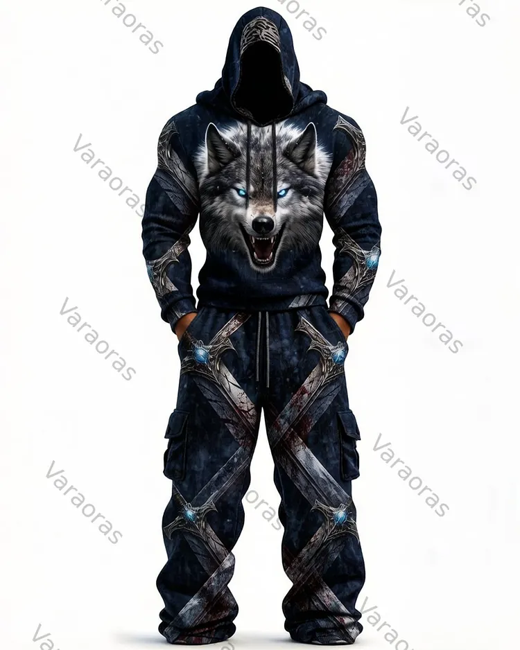 Men's Fashion Viking Contrast Color Embroidered Hoodie & Pants Two-Piece Set 1120