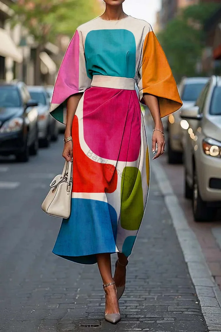 Women's Elegant Abstract Art Print Midi Dress