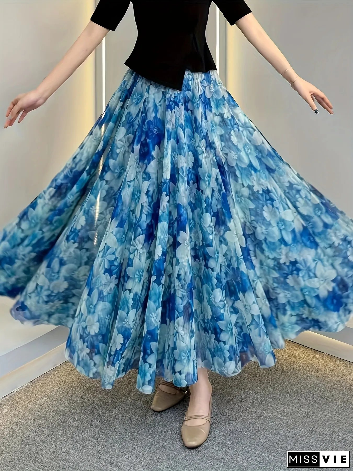 Womens Elegant Blue Floral Print Midi Skirt Lightweight Breathable Net Panel Hem Hand Wash