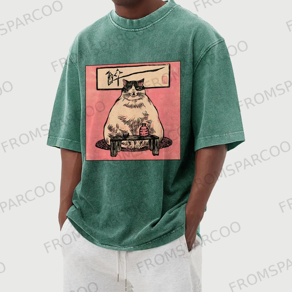 Drunk Cat Prints Washed Vintage Short Sleeves T-Shirt