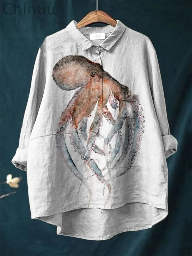Vintage Japanese Octopus Pattern Art Print Casual Cotton And Linen Shirt