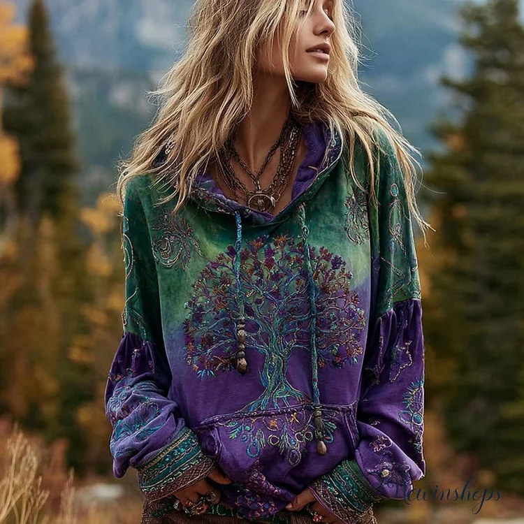 Women's Viking Tree Of Life Gradient Print Long Sleeve Casual Hoodie