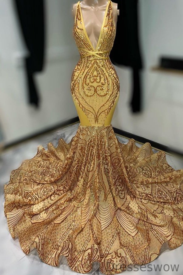Dresseswow Gold V-Neck Sequins Prom Dress Mermaid Sleeveless Long
