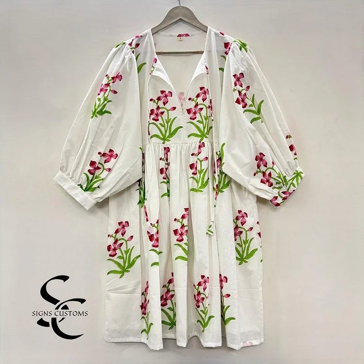 Pink Floral Block Print Woman Midi Dress &ndash; Bohemian Cotton Tunic for Women with String Closure & Full Lining