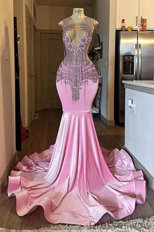 Dresseswow Pink Sleeveless Scoop Mermaid Evening Gowns With Beadings Online