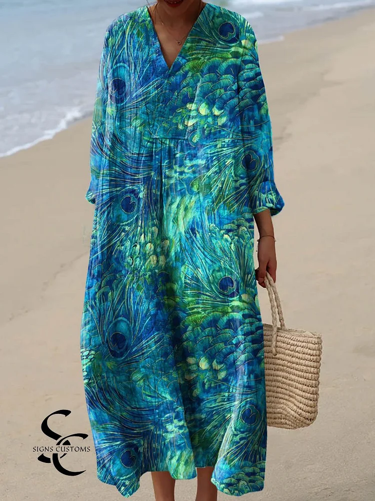Women's Cotton Dress with Peacock Feather Art Motif