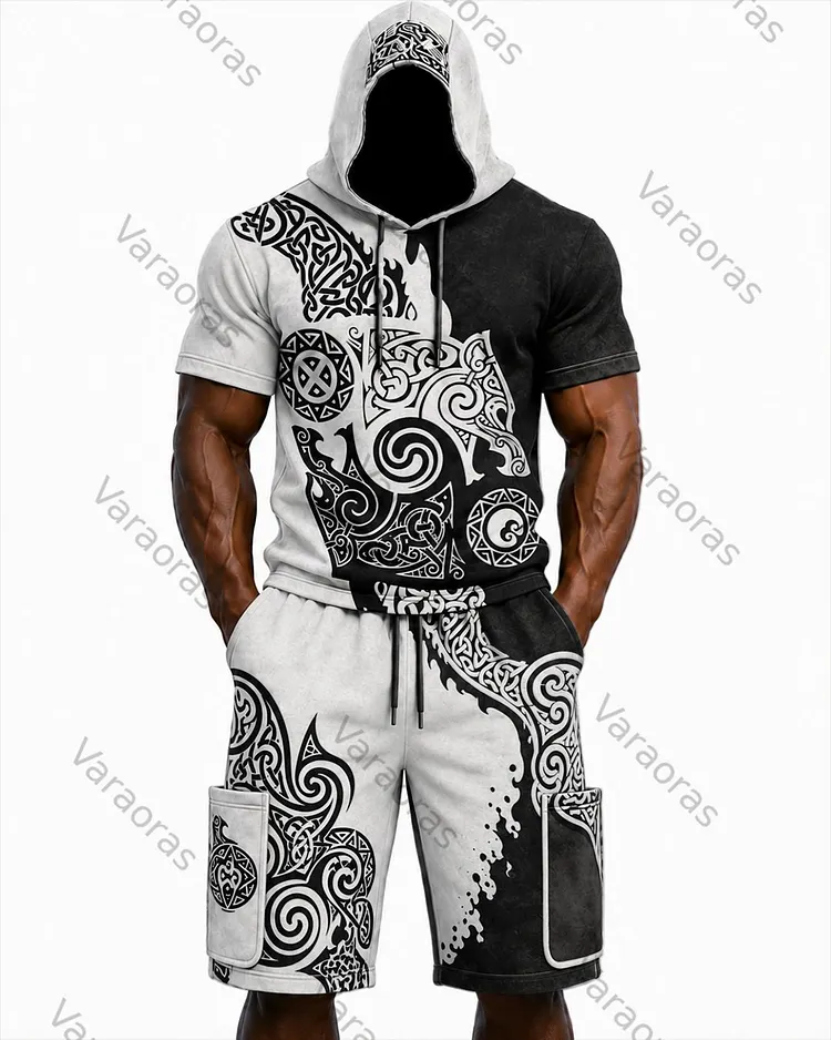 Men's Viking Color-Block Embroidered Hooded Short-Sleeved Top and Shorts Set 8937