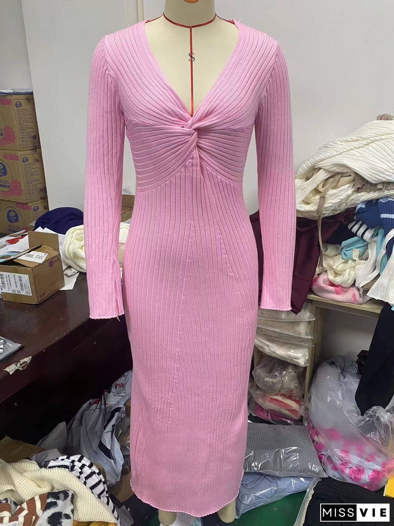 Sexy Spice Long Sleeve Twist Pleated Long Dress