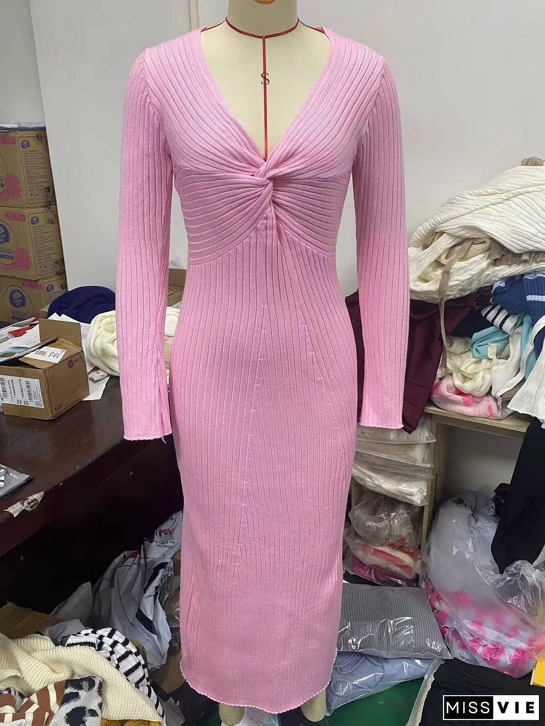 Sexy Spice Long Sleeve Twist Pleated Long Dress