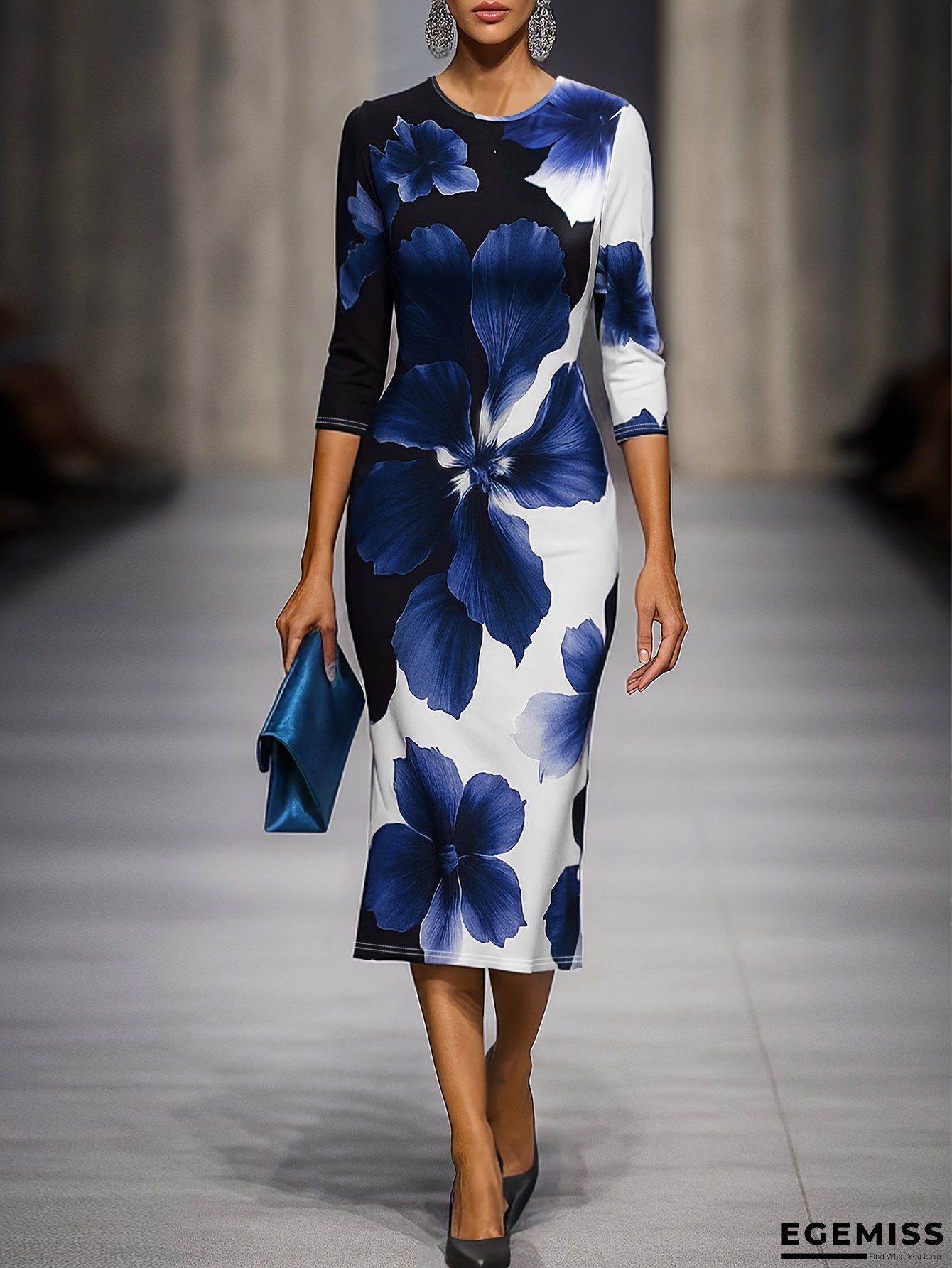 Elegant Floral Print Midi Dress For Women - Chic Crew Neck, Long Sleeve, High-Low Hem, Blue & White Hibiscus Design, Perfect For Spring/Summer Commute Or Casual Outings, Casual Outing Attire | Chic Crew Neck Dress | Polyester Fabric | EGEMISS
