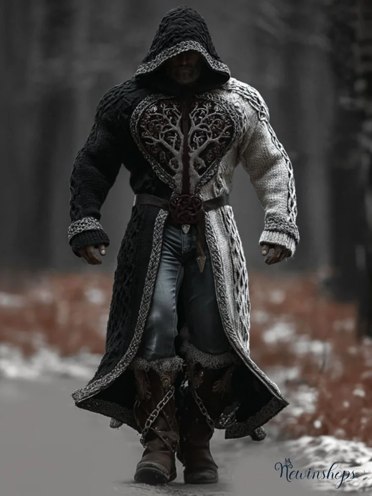 Men's Viking Style Metal Tree Of Life Celtic Knot Hooded Cardigan Long Sweater