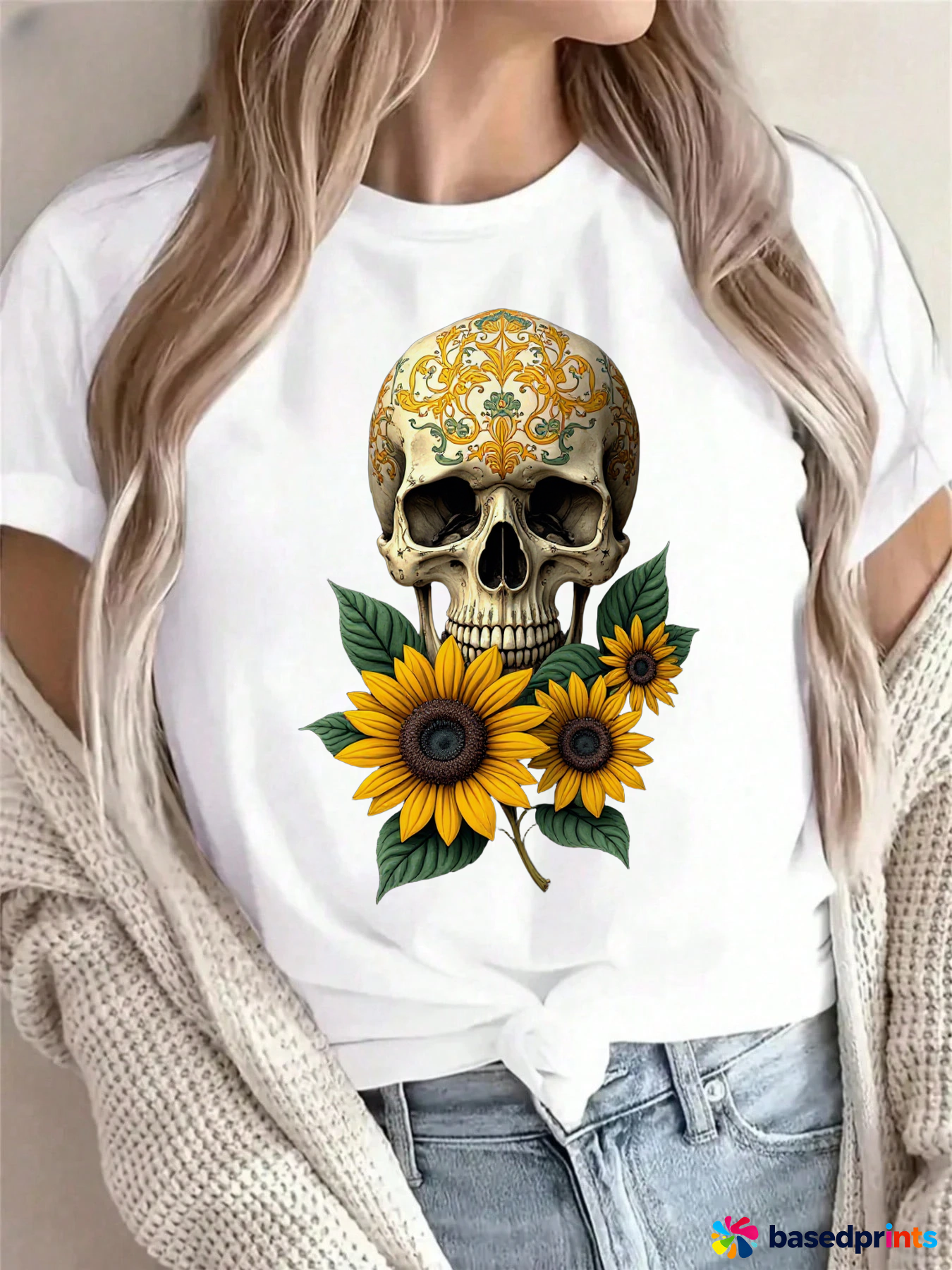 White Skull Sunflower T-Shirt Women Casual Short Sleeve Tops