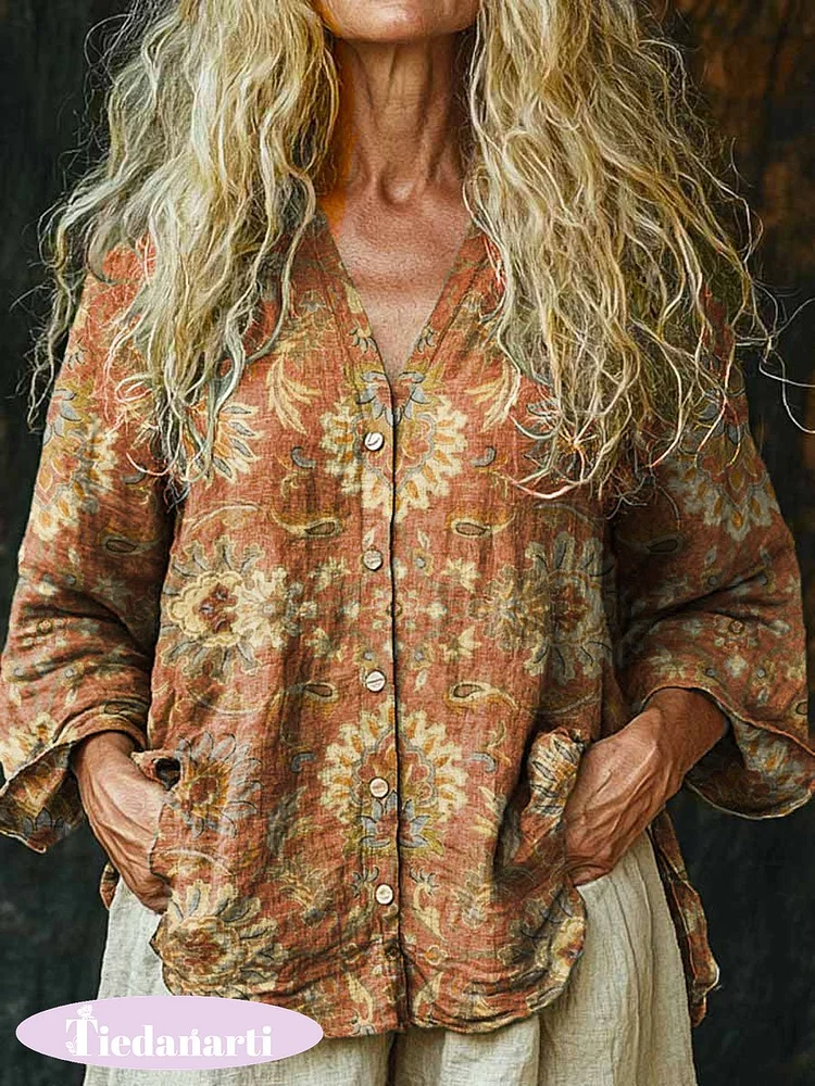 Women's Vintage Lovely Floral Art Print Linen And Cotton V-neck Casual Shirt