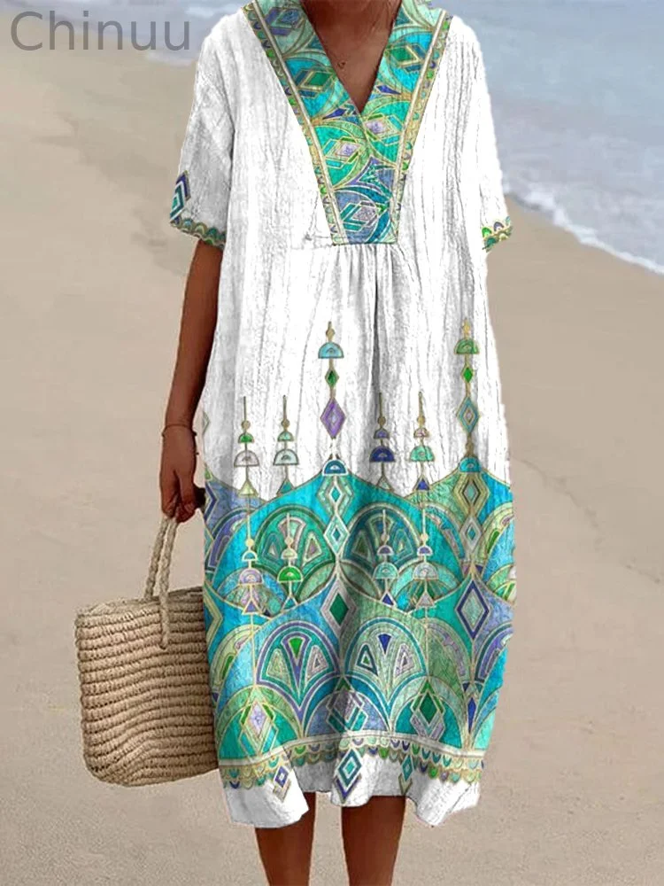 Ethnic Floral Pattern Women's Linen Maxi Dress