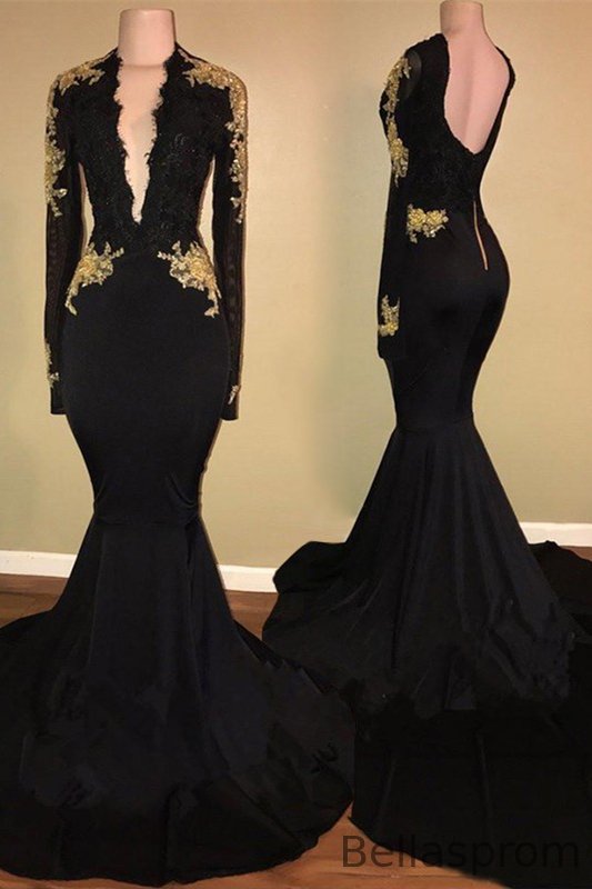 Bellasprom Black Mermaid Porm Dress With Gold Appliques Long Sleeves Bellasprom