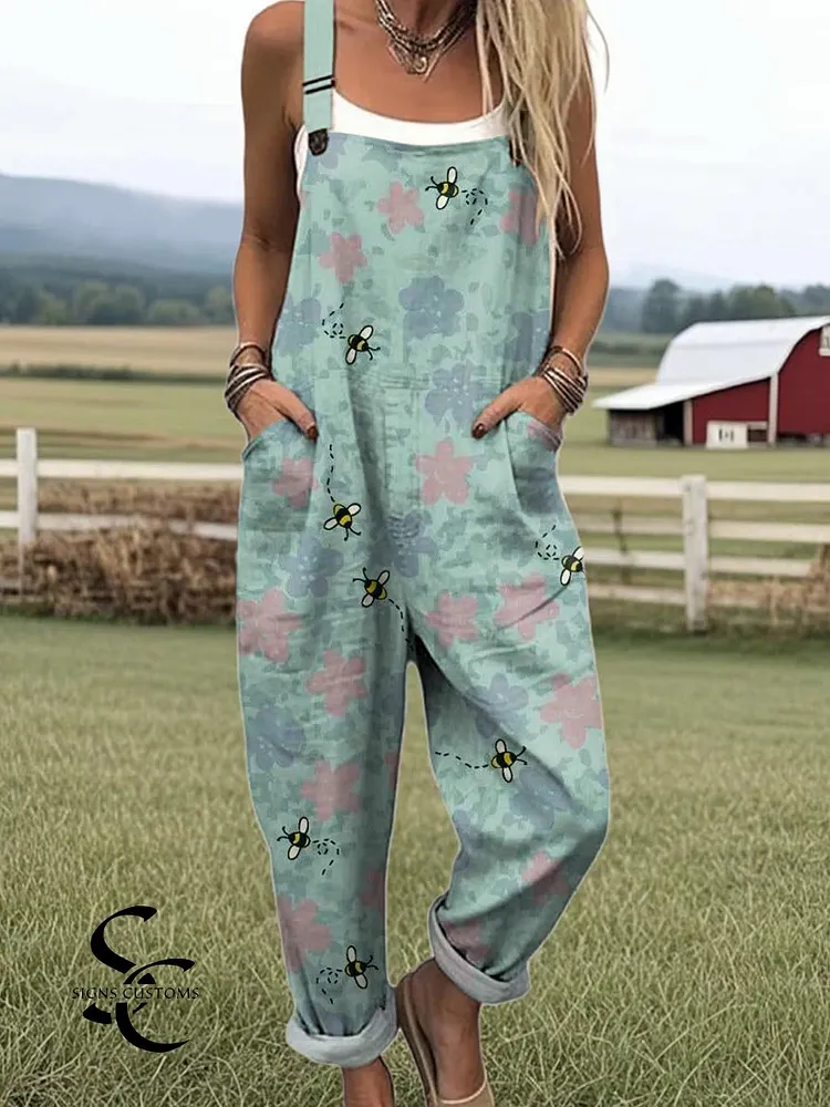 Women's Lovely Bees Floral Pattern Art Print Casual 100% Cotton Wide Leg Jumpsuit