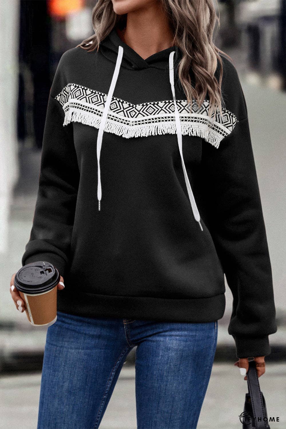 Contrast Fringe Detail Dropped Shoulder Hoodie | IFYHOME