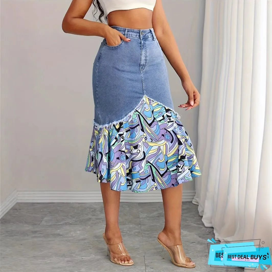 Womens Plus-Size Non-Stretch Denim Half Skirt Flared Hem Casual Formal Outfits Perfect