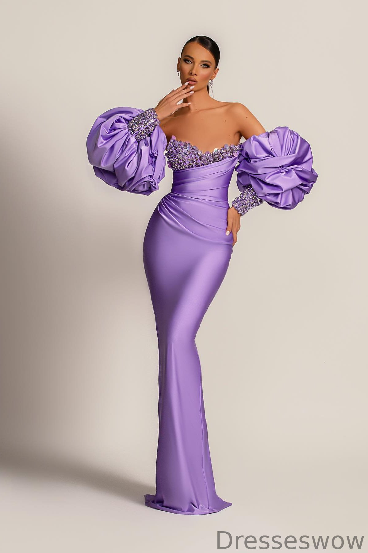 Dresseswow Lilac Bubble Long Sleeves Evening Dress Mermaid Sweetheart With Sequins
