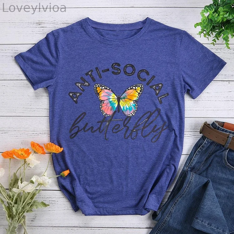 anti-social butterfly Round Neck T-shirt-0023472