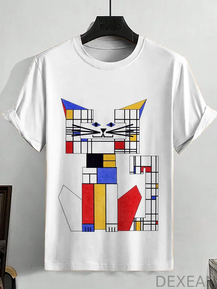 Men's Colorblock Mondrian Art Abstract Cat Printed T-Shirt