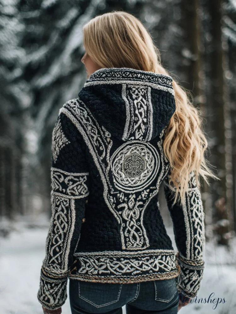 Vintage Celtic Knot Coarse Needle Black And White Color Hooded Sweater