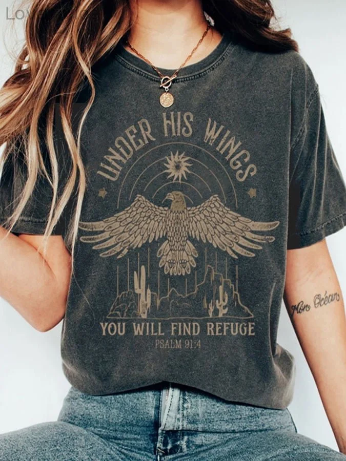 Boho Western Under His Wings You Will Find Refuge Psalm 91:4 Print T-Shirt