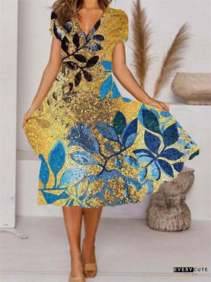 Women's New V-neck Short-sleeved Mid-length Dress Positioning Plant Floral Print Colorful Painting Hem Common-style Dress