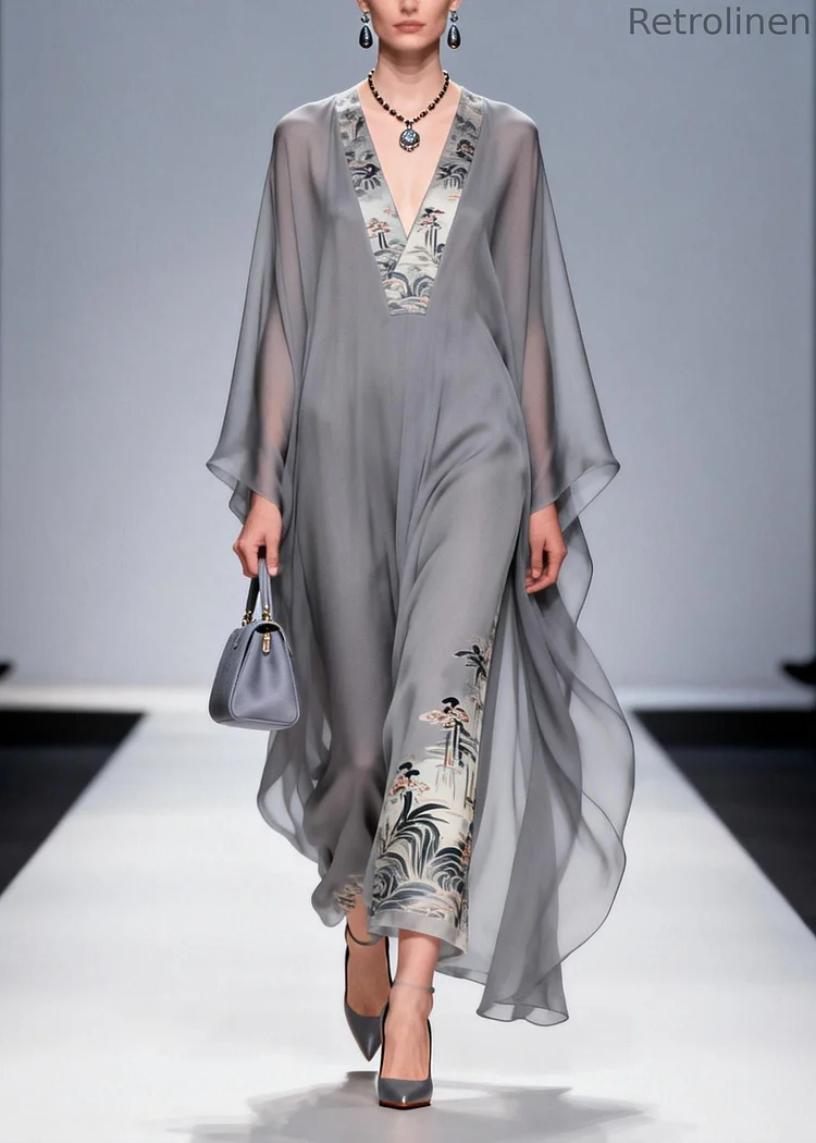 Handmade Grey V Neck Print Patchwork Chiffon Dresses Spring