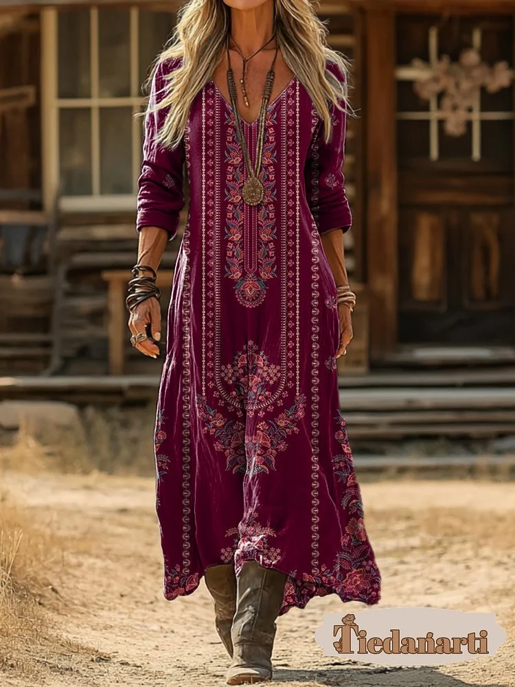 Women's Vintage Ethnic Red Floral Art Printed Casual V-neck Long Sleeve Pocket Cotton Dresses