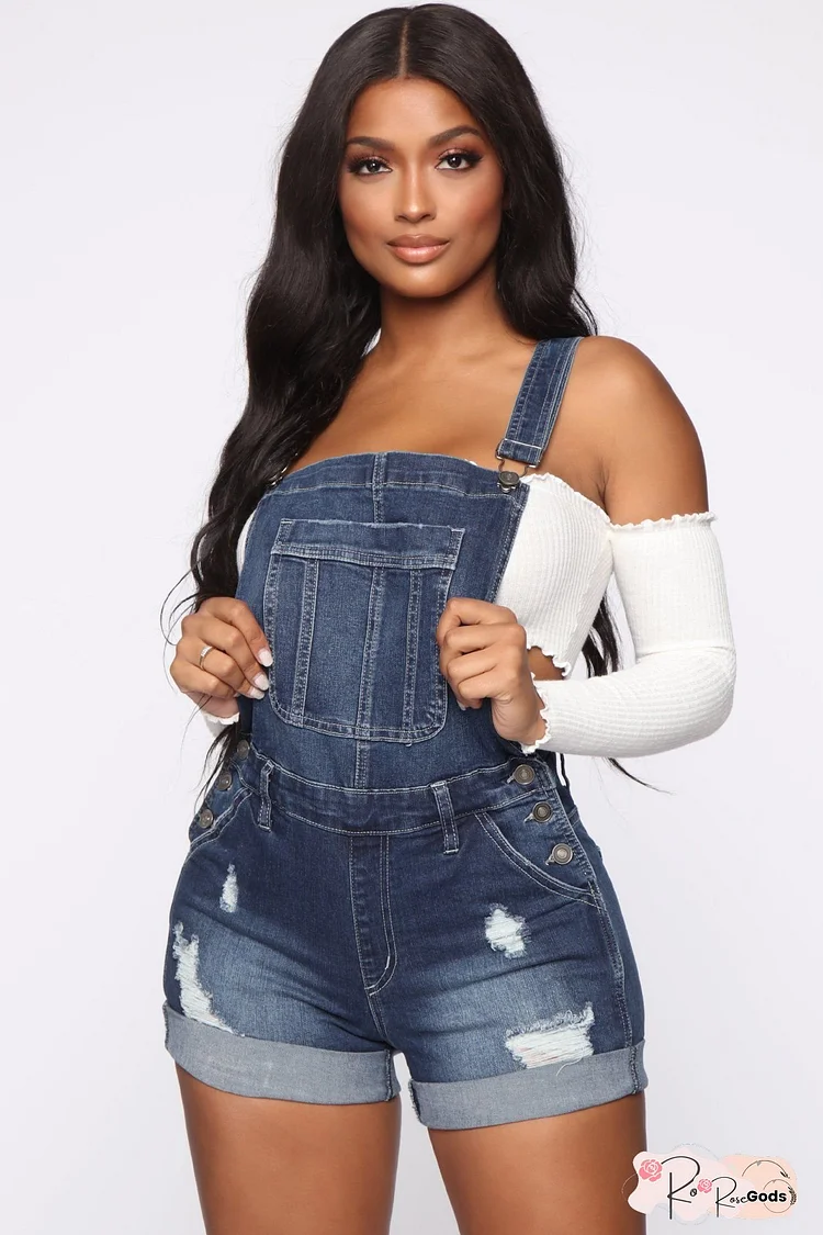 Women's Light Wash Blue Distressed Denim Jumpsuit - Bohemian Style Button-Front Closure & Ripped Strap Shorts with White Top | All-Season Casual Outfit | Machine Washable & Versatile for Everyday or Formal Events