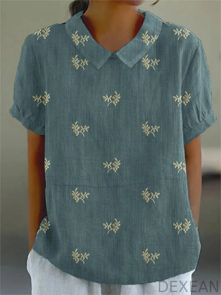 Women's Flowers And Leaves Casual Cotton And Linen Shirt