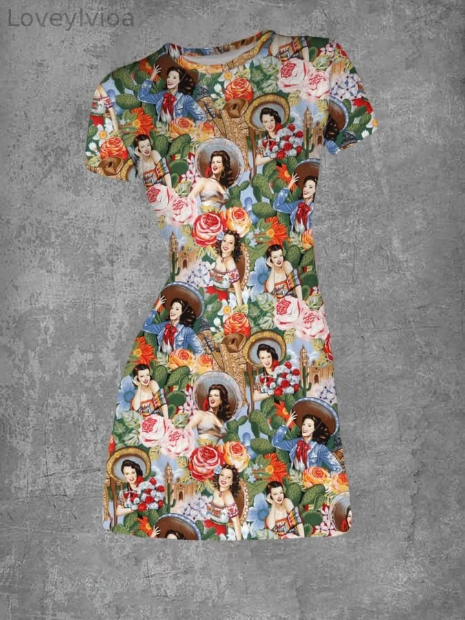 Women's Western Girl Print Pattern Crew Neck Dress