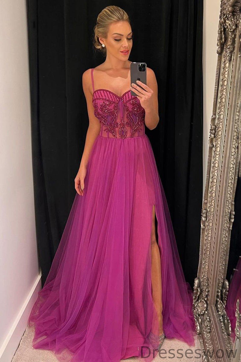 Dresseswow Hot Pink Tulle Prom Dress Spaghetti-Straps With Bead