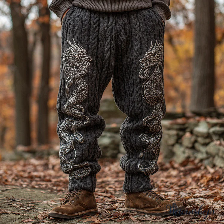 Men's Vintage Viking Celtic Dragon Chunky Knit Pants