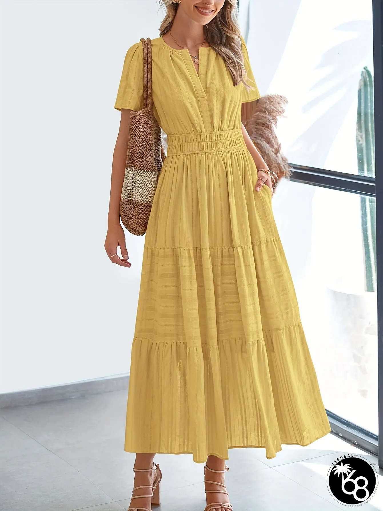 Womens Lightweight Bohemian Summer Midi Maxi Dress V-Neck Short Sleeve With Elastic Waist | 168DEAL