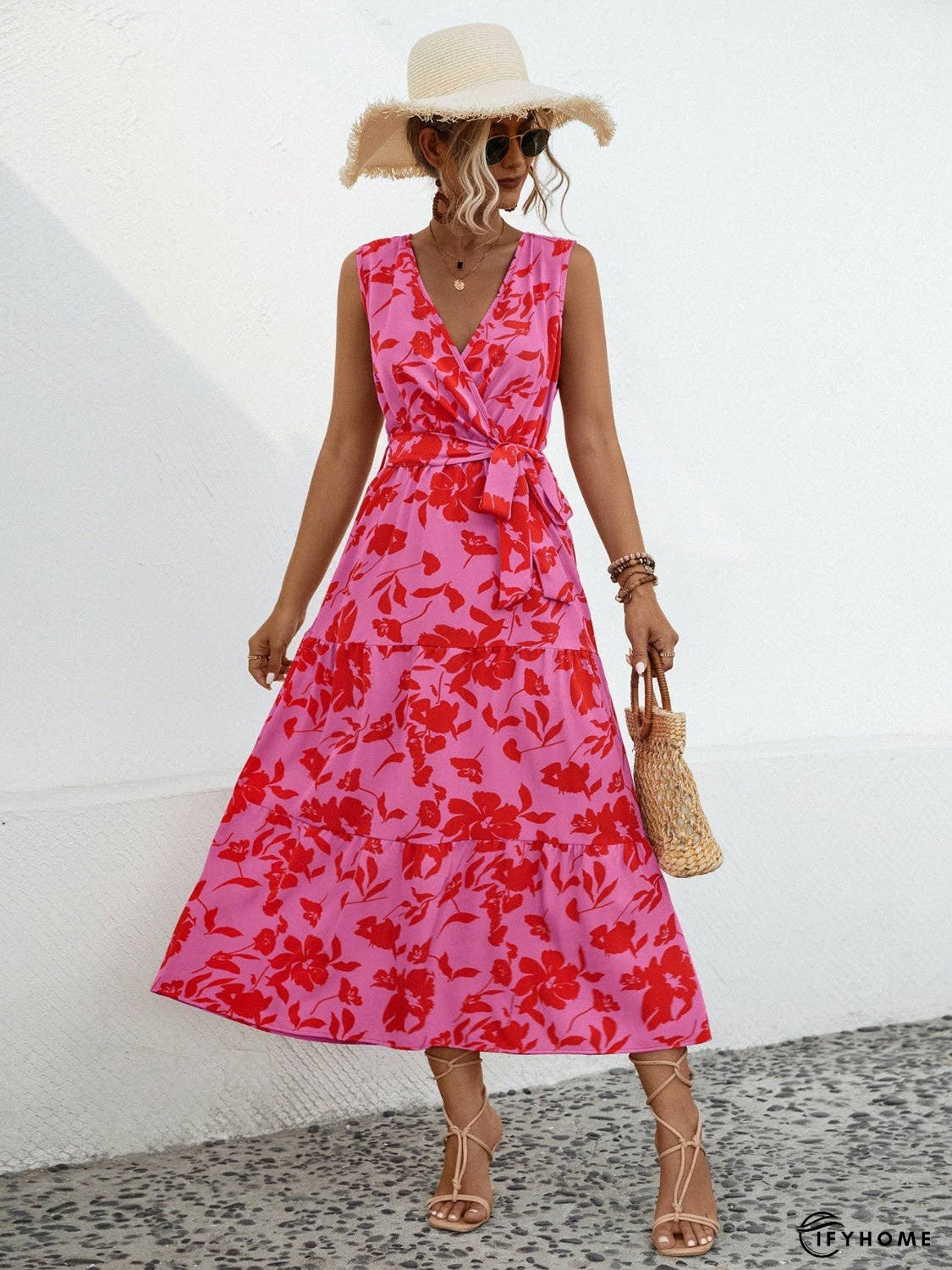 Tied Printed Surplice Tiered Dress | IFYHOME