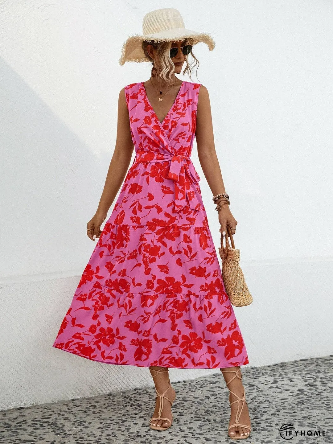 Tied Printed Surplice Tiered Dress | IFYHOME