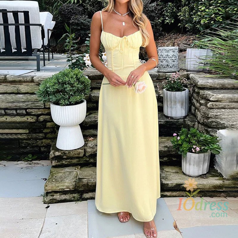 IO Dress Elegant Maxi Long Waist Wrap A-line Dress Women Spaghetti Strap 2025 Summer Fashion Dress Backless Sexy Party Dresses IO Dress