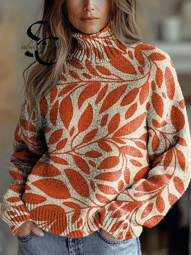 Women's Orange Vintage Art Leaf Print Knit Turtleneck Pullover Sweater